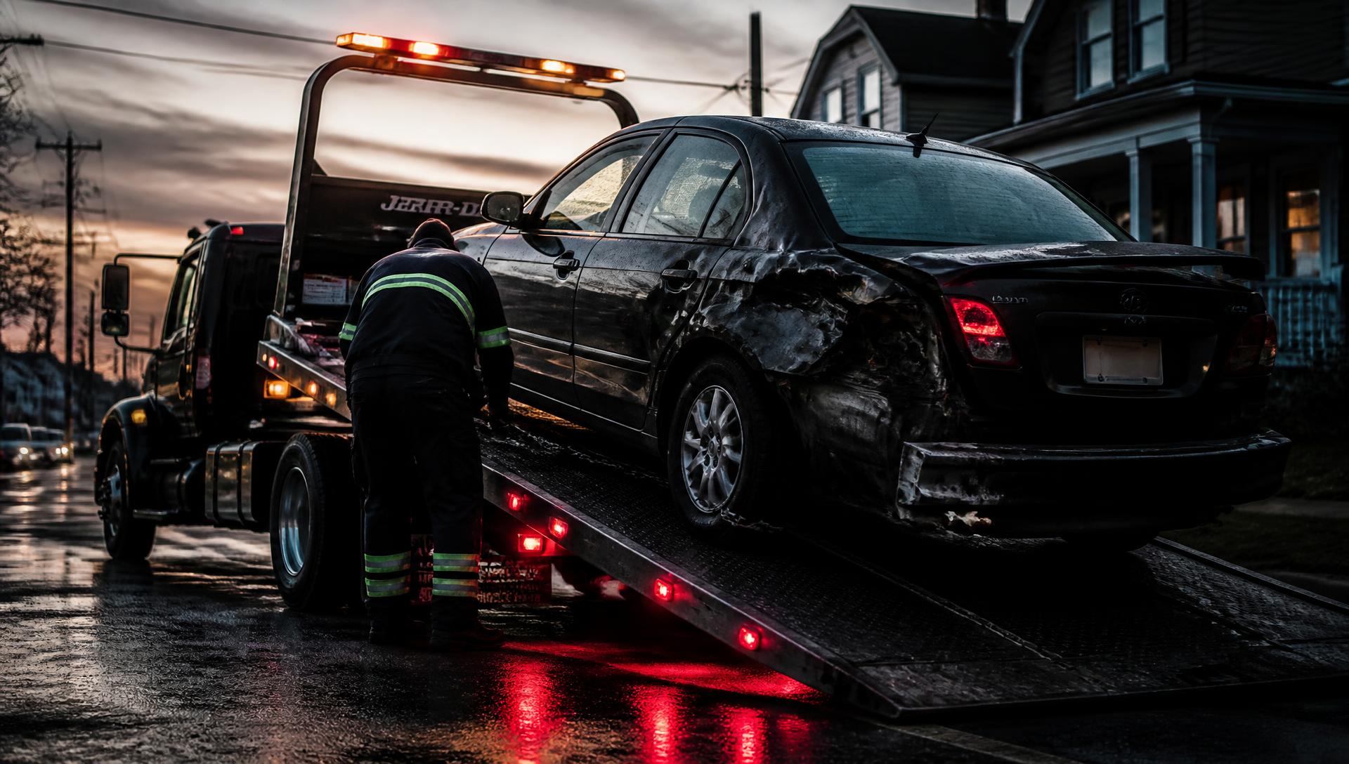 Tow truck loading a damaged junk car for removal